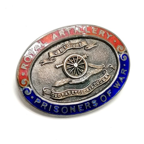 600 - Royal Artillery : Prisoners of War Fattorini silver enamel badge, WWII defence medal (no top bar), B... 