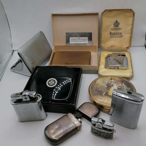 605 - Collection of Lighters and Compacts: a silver petrol lighter by SB, three x chromed Ronson  ( one ca... 