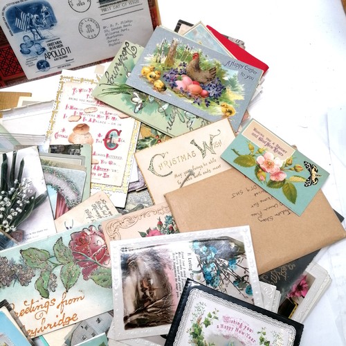 626 - Qty of mostly greetings cards / postcards in a box + album, including antique t/w 3 Rupert annuals