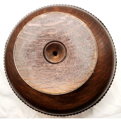 636 - Antique oak salad bowl with plated mounts & white pottery liner - 24cm diameter & has crack to body ... 