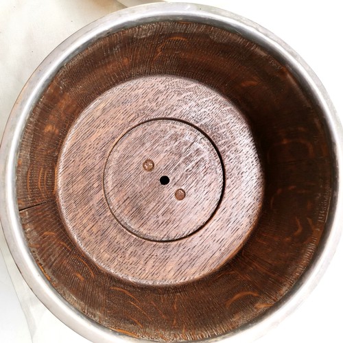 636 - Antique oak salad bowl with plated mounts & white pottery liner - 24cm diameter & has crack to body ... 