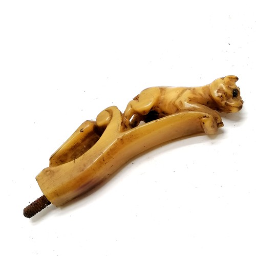 653 - Antique carved horn figural dog walking stick handle, 11cm long, no splits, cracks or losses