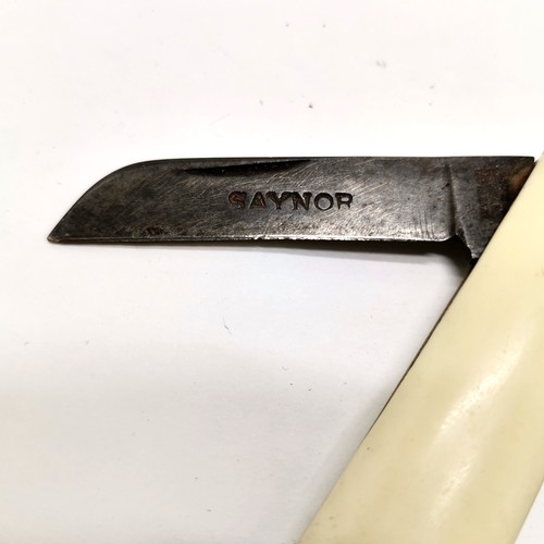 655 - Saynor penknife (15cm opened), antique knife / pick with cigar cutter t/w pocket musical note tuner ... 