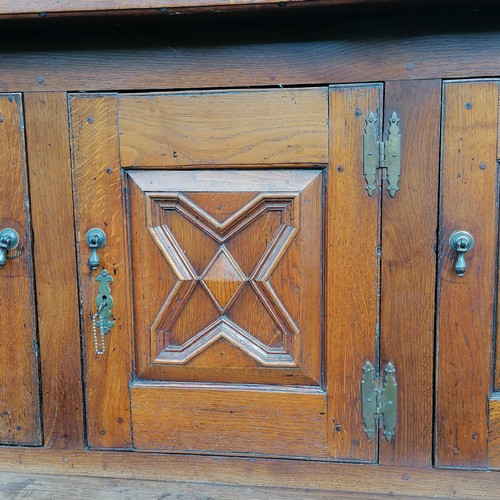 663 - Antique large Oak court cupboard with panel detail with pegged construction with original key and br... 