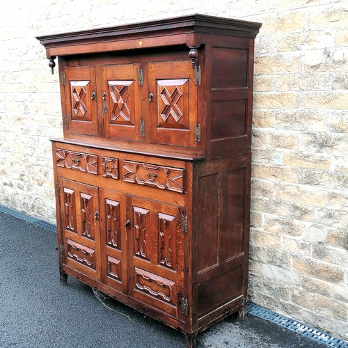 663 - Antique large Oak court cupboard with panel detail with pegged construction with original key and br... 