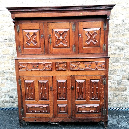 663 - Antique large Oak court cupboard with panel detail with pegged construction with original key and br... 