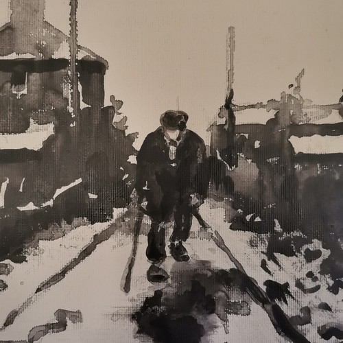 743 - Unframed, mounted Ink wash on canvas paper, Figure walking down railway tracks by old station house ... 