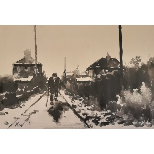 743 - Unframed, mounted Ink wash on canvas paper, Figure walking down railway tracks by old station house ... 