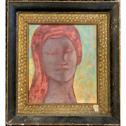 747 - Framed oil on board, portrait of a lady wearing a red headscarf, Bears signature 'Odilon Redon' lowe... 