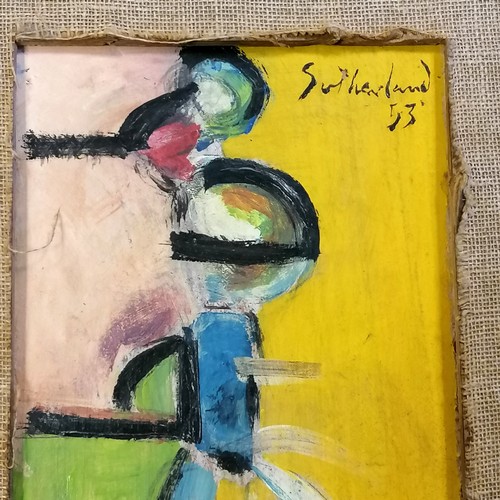 749 - Abstract School, framed oil on Board, Abstract Composition, Signed Sutherland, Obvious damage to the... 