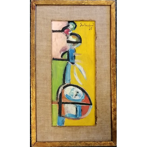 749 - Abstract School, framed oil on Board, Abstract Composition, Signed Sutherland, Obvious damage to the... 