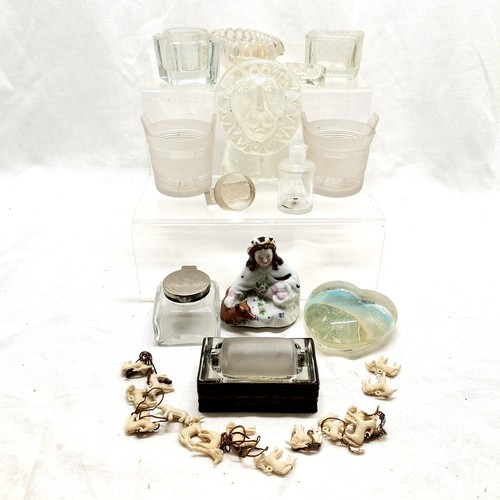 841 - Miscellaneous to include Victorian glass salts, Art Nouveau stamp machine, paperweight , broken lamb... 