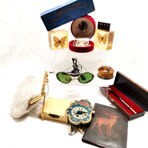 842 - A quantity of miscellaneous to include old green driving glasses, ivorine cufflink box, Hardwood dom... 