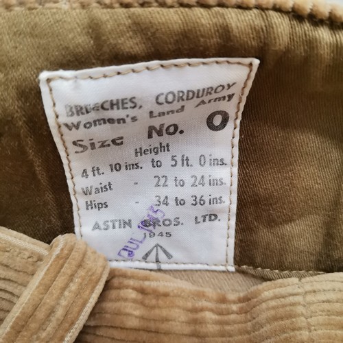 122 - Womens land army corduroy breeches / trousers dated July 1945 size No 0 - slight marks otherwise in ... 