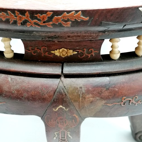 3 - Antique Chinese hardwood oval stool with inlaid decoration & terminates on 4 scrolled feet - 42cm hi... 