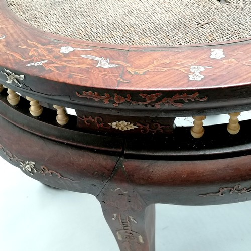 3 - Antique Chinese hardwood oval stool with inlaid decoration & terminates on 4 scrolled feet - 42cm hi... 