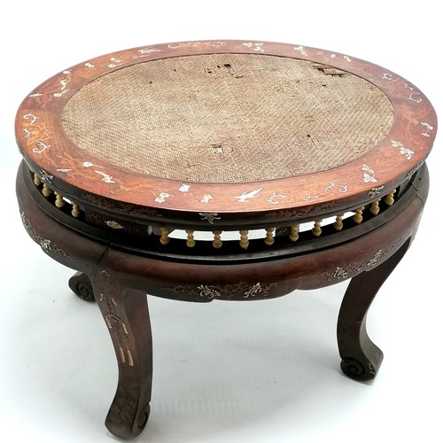 3 - Antique Chinese hardwood oval stool with inlaid decoration & terminates on 4 scrolled feet - 42cm hi... 