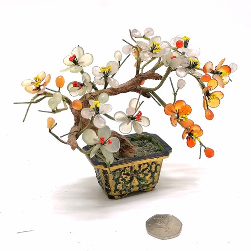 22 - Chinese hardstone bonsai miniature model of a tree in a gilt metal cloisonne pot - 13cm high ~ sligh... 