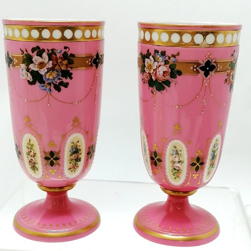 31 - Pair of antique Bohemian overlaid pink grounded vases (16cm high & slight wear to gilding otherwise ... 