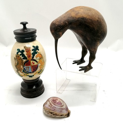 41 - Unusual carved wood figure of a kiwi with brass beak / feet / eyes - 20cm tall t/w advertising hand ... 