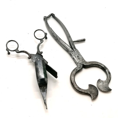 42 - Antique steel sprung sugar breakers (23cm) t/w candle snuffers, circular lidded box & Ewbank (J Rabo... 