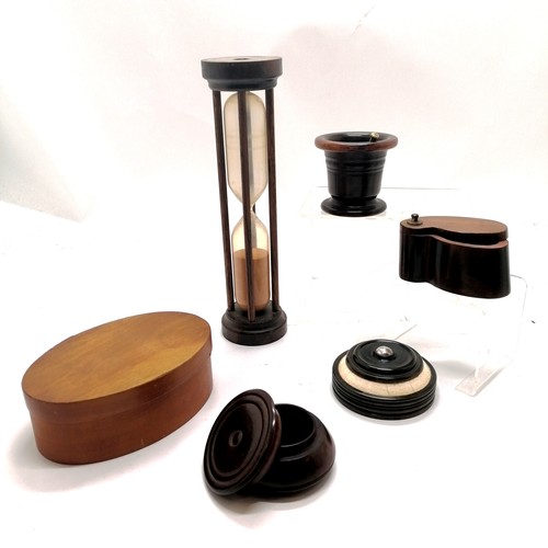 44 - 18 minute sand timer (33cm high), pestle & mortar, 2 turned wooden boxes (1 with unmarked silver & e... 