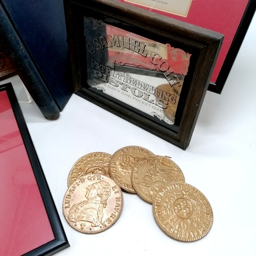 49 - Vidura stamp album (with contents) t/w 3 x framed prints, metal novelty coasters in the form of coin... 