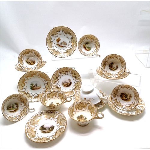 57 - Antique Davenport Longport 4 x cups / saucers with scenic decoration (14.5cm diameter) - with no obv... 