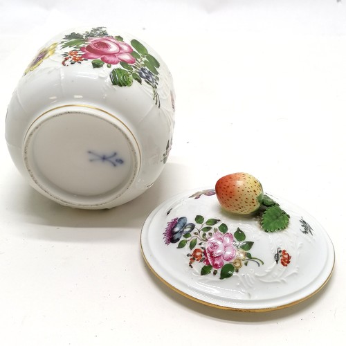 63 - Continental antique hand painted lidded conserves pot - 11cm diameter & 11.5cm high ~ has firing fau... 