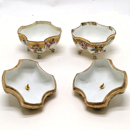 64 - Continental antique pair of hand decorated unusual lobed pots on 4 scroll feet with lids terminating... 