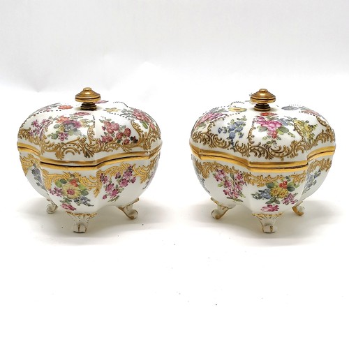 64 - Continental antique pair of hand decorated unusual lobed pots on 4 scroll feet with lids terminating... 