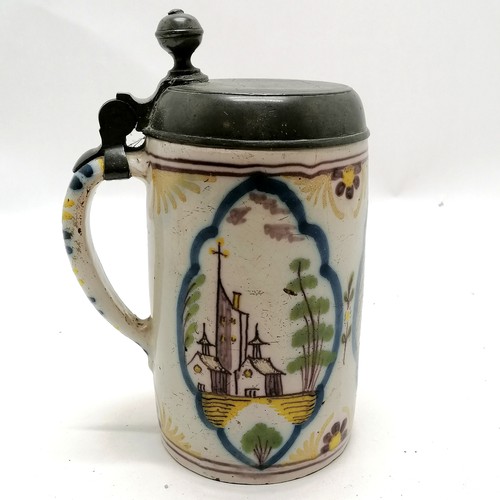 72 - Antique 1827 dated Dutch Delft pewter lidded stein / tankard with 3 vignettes and 'R' & '4' marks to... 