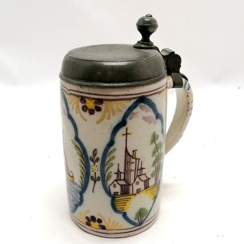 72 - Antique 1827 dated Dutch Delft pewter lidded stein / tankard with 3 vignettes and 'R' & '4' marks to... 