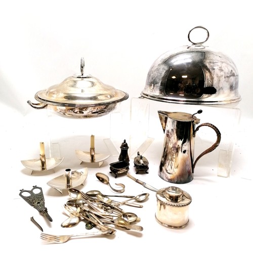 77 - Plated meat dome, vegetable lidded dish, hot water jug, cutlery, cruet etc.