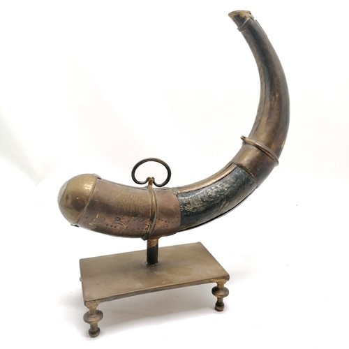 98 - Antique decorative brass & nickel mounted horn on brass base - 39cm high