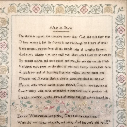 99 - 1809 framed silk sampler on fine linen of 'After a storm' by Sarah Shore - frame 51cm x 42cm ~ small... 