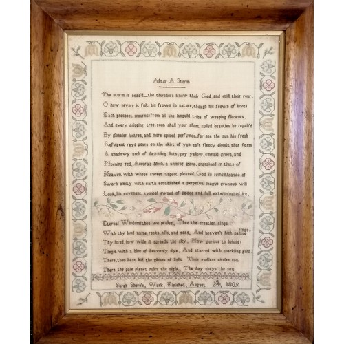 99 - 1809 framed silk sampler on fine linen of 'After a storm' by Sarah Shore - frame 51cm x 42cm ~ small... 