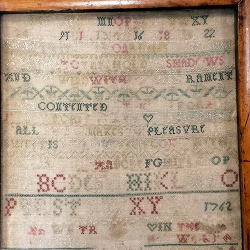 101 - 1762 early fine linen framed sampler - frame 45cm x 28cm - some small losses & discolouration