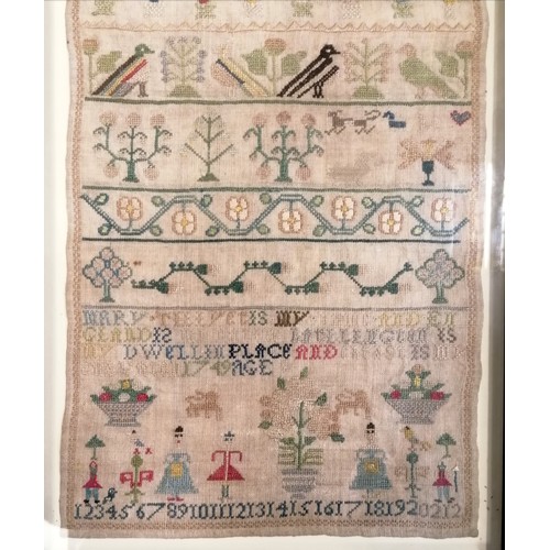 103 - 1749 framed sampler by Mary Trivet aged 9 - frame 50cm x 27cm and is in good overall condition