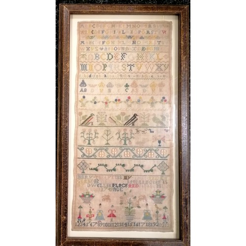 103 - 1749 framed sampler by Mary Trivet aged 9 - frame 50cm x 27cm and is in good overall condition