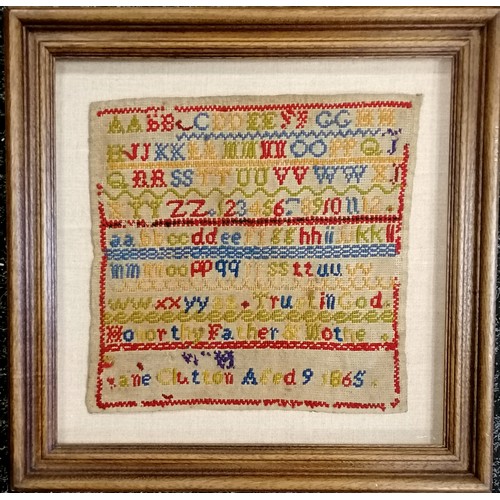 105 - 3 x framed samplers - dated 1865 (34cm square), 1871 in a convent frame (43cm x 35cm) & undated by E... 