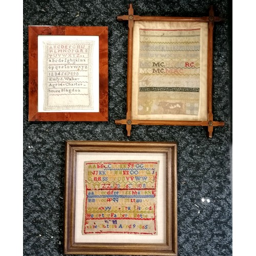 105 - 3 x framed samplers - dated 1865 (34cm square), 1871 in a convent frame (43cm x 35cm) & undated by E... 