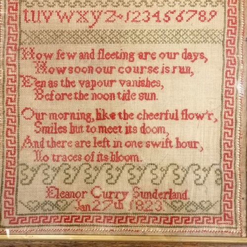 107 - 1823 framed sampler by Eleanor Curry, Sunderland - frame 41cm x 52cm & in overall good condition