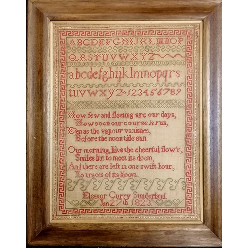 107 - 1823 framed sampler by Eleanor Curry, Sunderland - frame 41cm x 52cm & in overall good condition