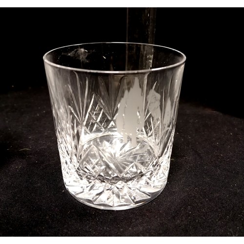 110 - Stuart Crystal decanter set and 2 glasses etched with a golfing figure; 4 cut glass crystal whisky g... 