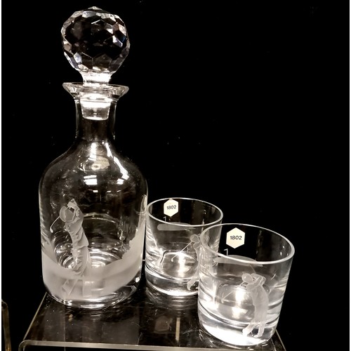 110 - Stuart Crystal decanter set and 2 glasses etched with a golfing figure; 4 cut glass crystal whisky g... 