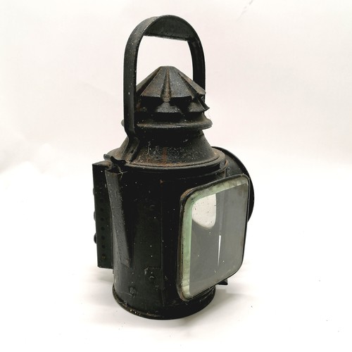 113 - Antique enamelled cooking pot, antique lantern, has been electrified, pair of coasters and teapot. a... 