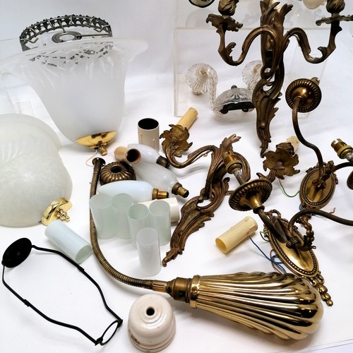 114 - Quantity of mostly wall lights and fittings, glass wall light 23cm high