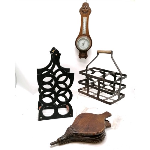 131 - Antique steel bottle rack, vintage cast iron wine rack T/W a wall barometer and a pair of bellows. A... 