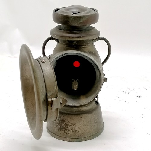 137 - King Road Lucas no.75C motoring oil lamp. 32cm to top of handle. Has a fracture rto the top and old ... 